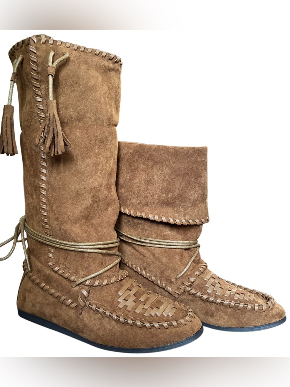 Women's “Winki” Style Suede Tassel Moccasin Boots - Tan